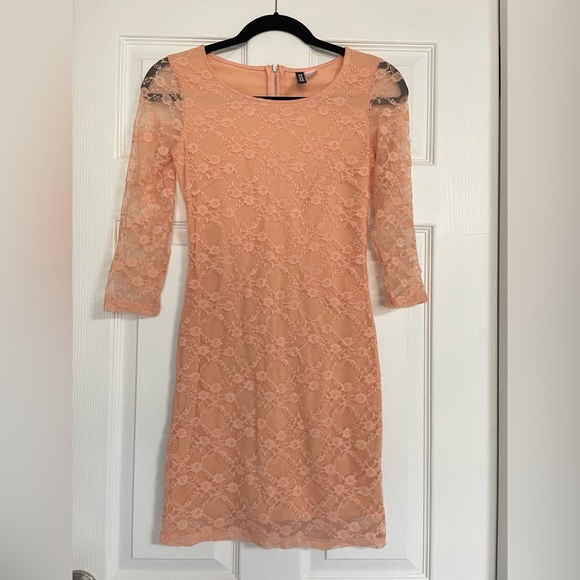 Divided Peach Lace Mini Dress. - Picture 2 of 4
